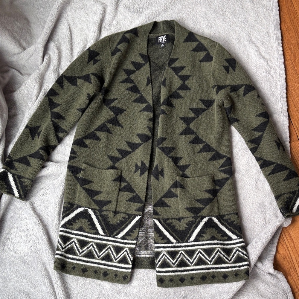 FRYE Olive & Black Aztec Knit Cardigan Jacket